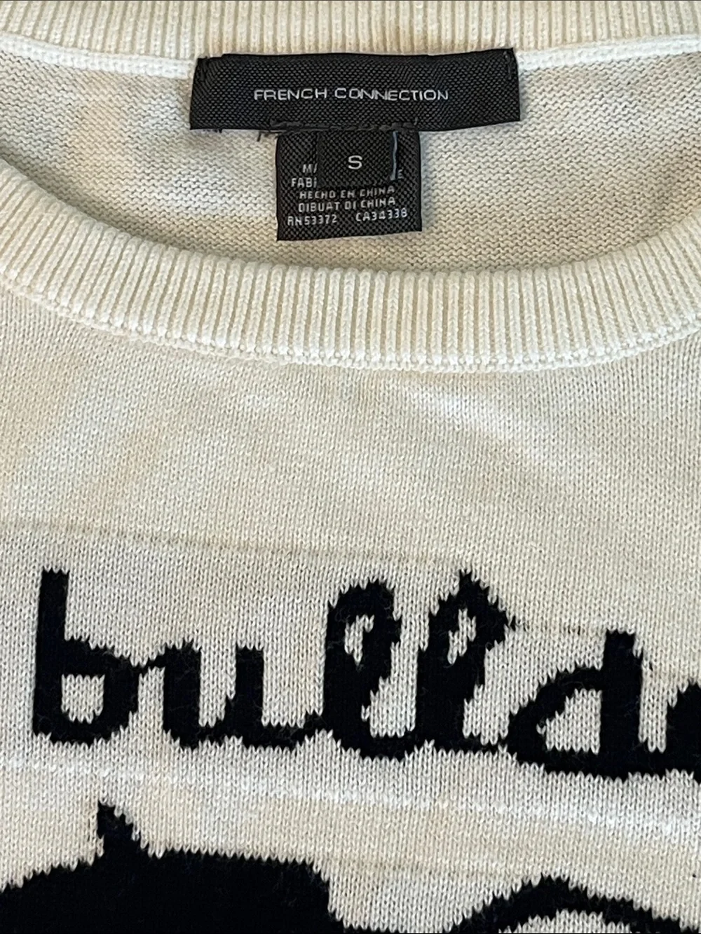 French Connection White Dog Sweater with Black Bulldog Graphic and Red Heart